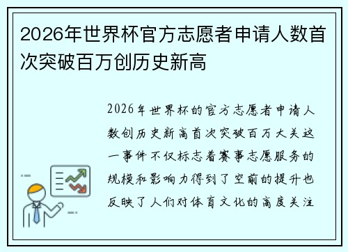 2026年世界杯官方志愿者申请人数首次突破百万创历史新高